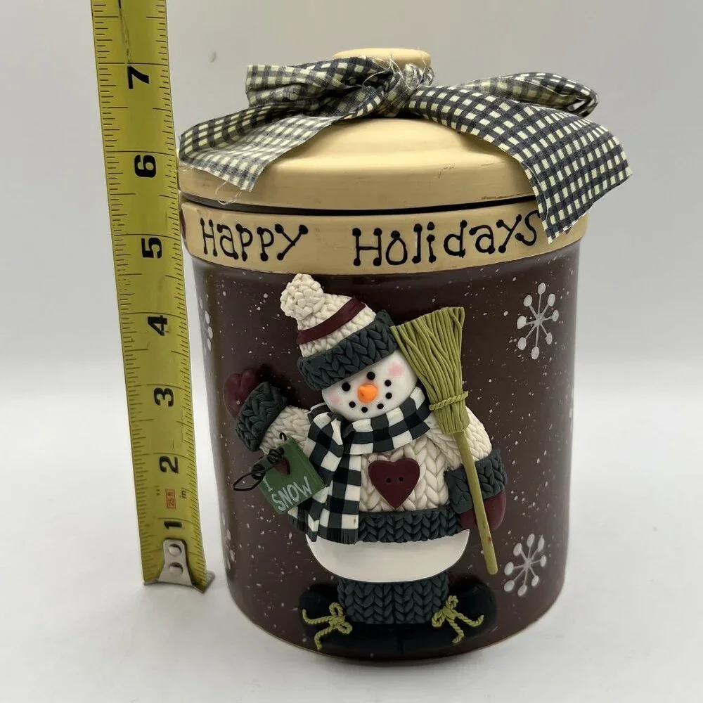 Happy Holidays 3D Snowman Ceramic Cookie Jar Lid Bow 7